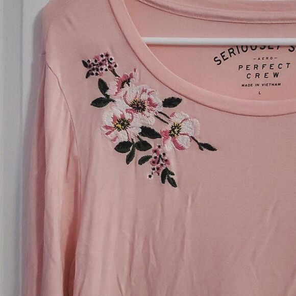 NWOT Aero Pink Long Sleeve Seriously Soft Floral Embroidered Perfect Crew Top - Picture 5 of 14